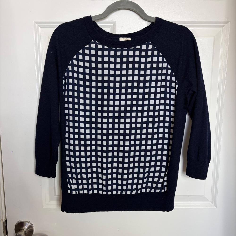 J.Crew Navy Blue Merino Wool Mixed Media Grid Print Sweater B3813 Size M